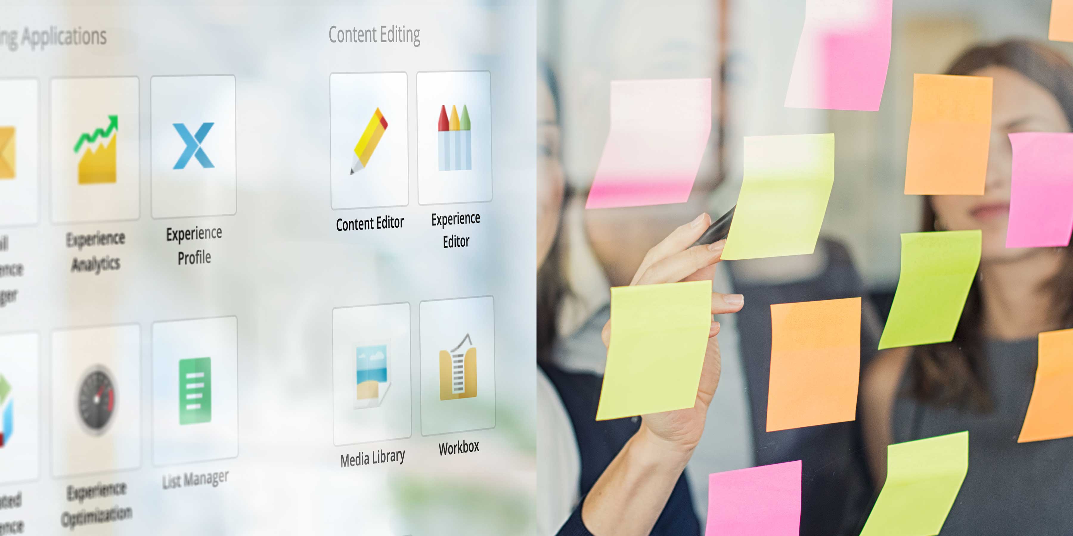 Juxtaposition of content management system interface and team planning with post-it notes
